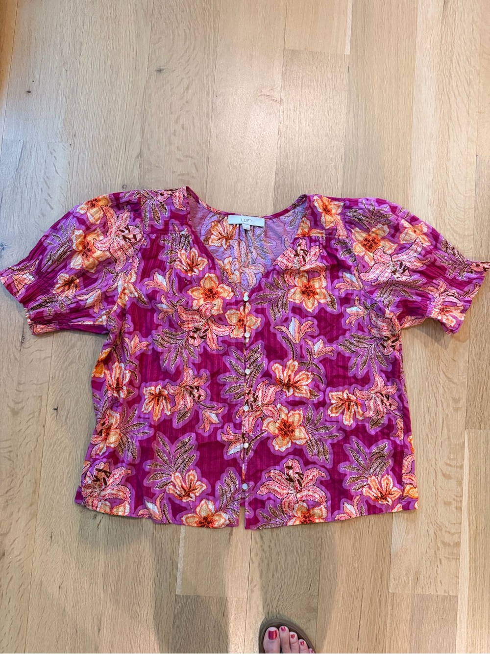 LOFT Magenta Floral Button-Front Short Sleeve Blouse